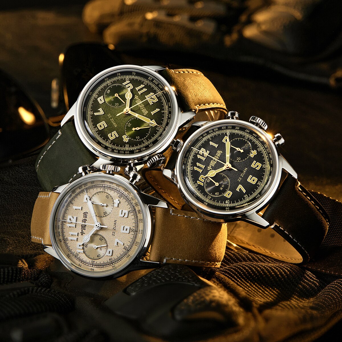 Sea-gull 1963 Wind Chaser kronograf 40mm khaki lær