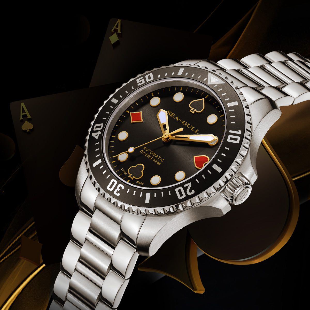 Sea-gull Ocean Poker Master 44,5mm dykkerklokke svart