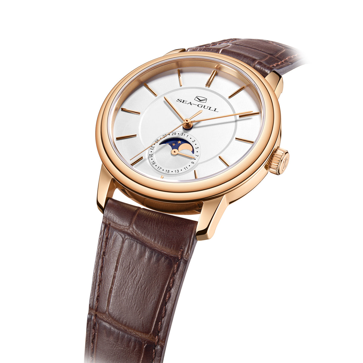 Sea-gull 519.12.1080 dressklokke hvit-brun månefase 38mm