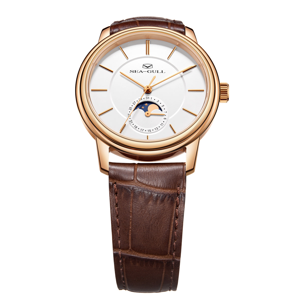 Sea-gull 519.12.1080 dressklokke hvit-brun månefase 38mm