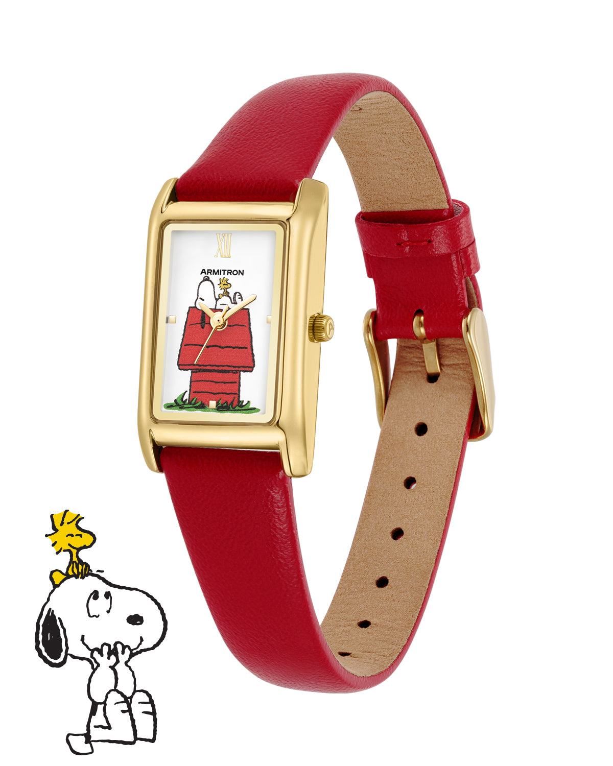 Armitron Peanuts Lookout 36 mm dameklokke rødt skinn