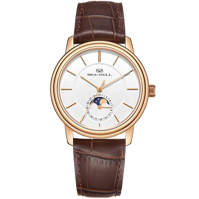 Sea-gull 519.12.1080 dressklokke hvit-brun månefase 38mm