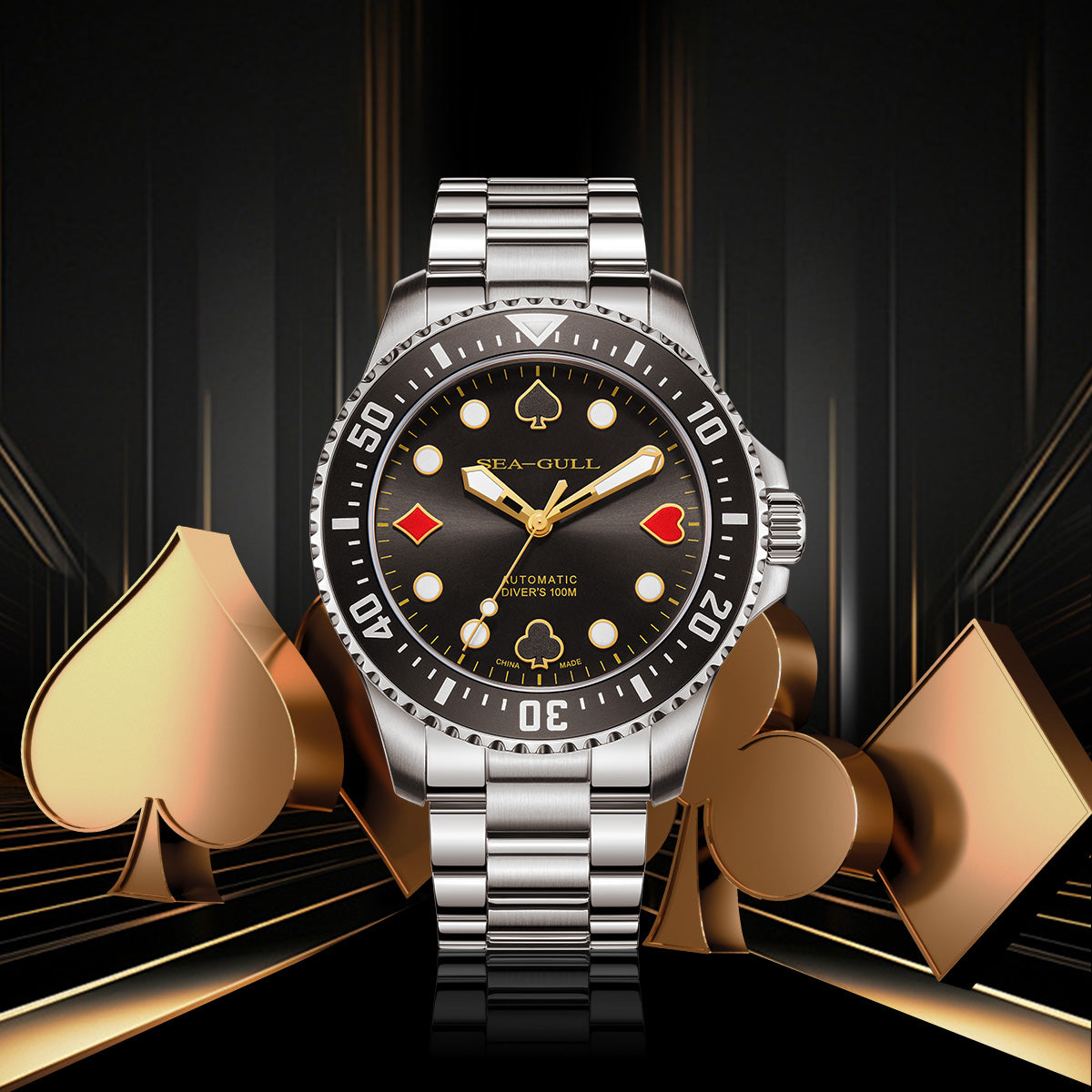 Sea-gull Ocean Poker Master 44,5mm dykkerklokke svart