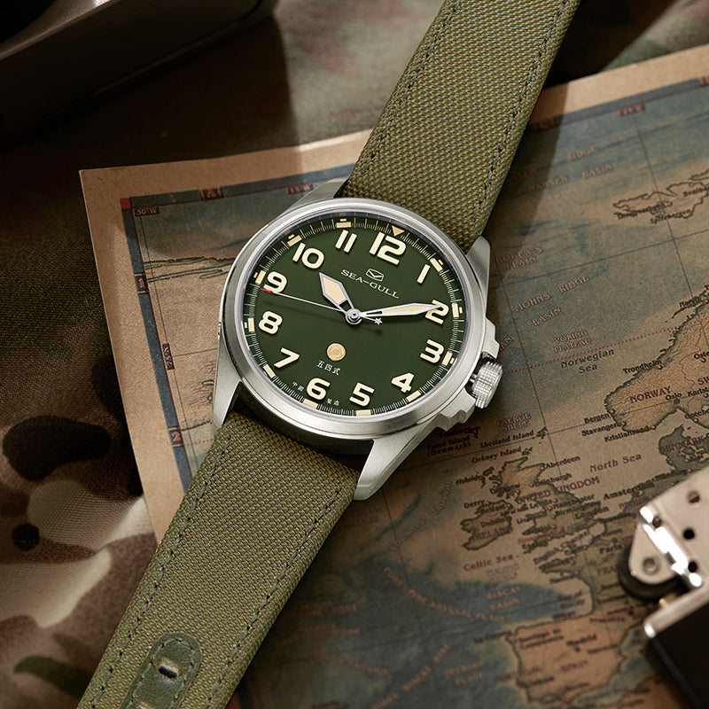 Sea-gull Army One 811.93.6106 feltklokke grønn 43mm