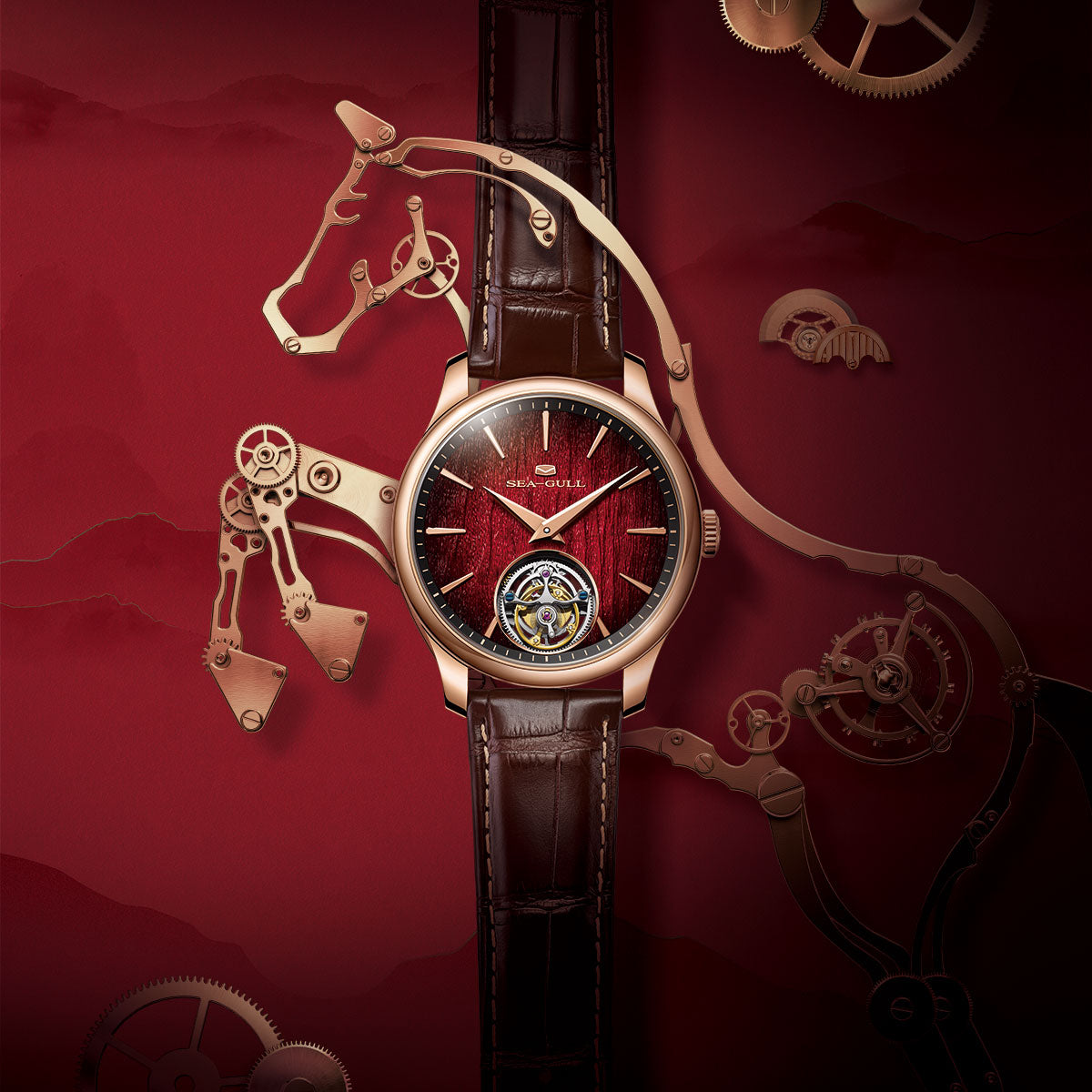 Sea-gull Year of the Horse 518.92.8850 tourbillonklokke rød
