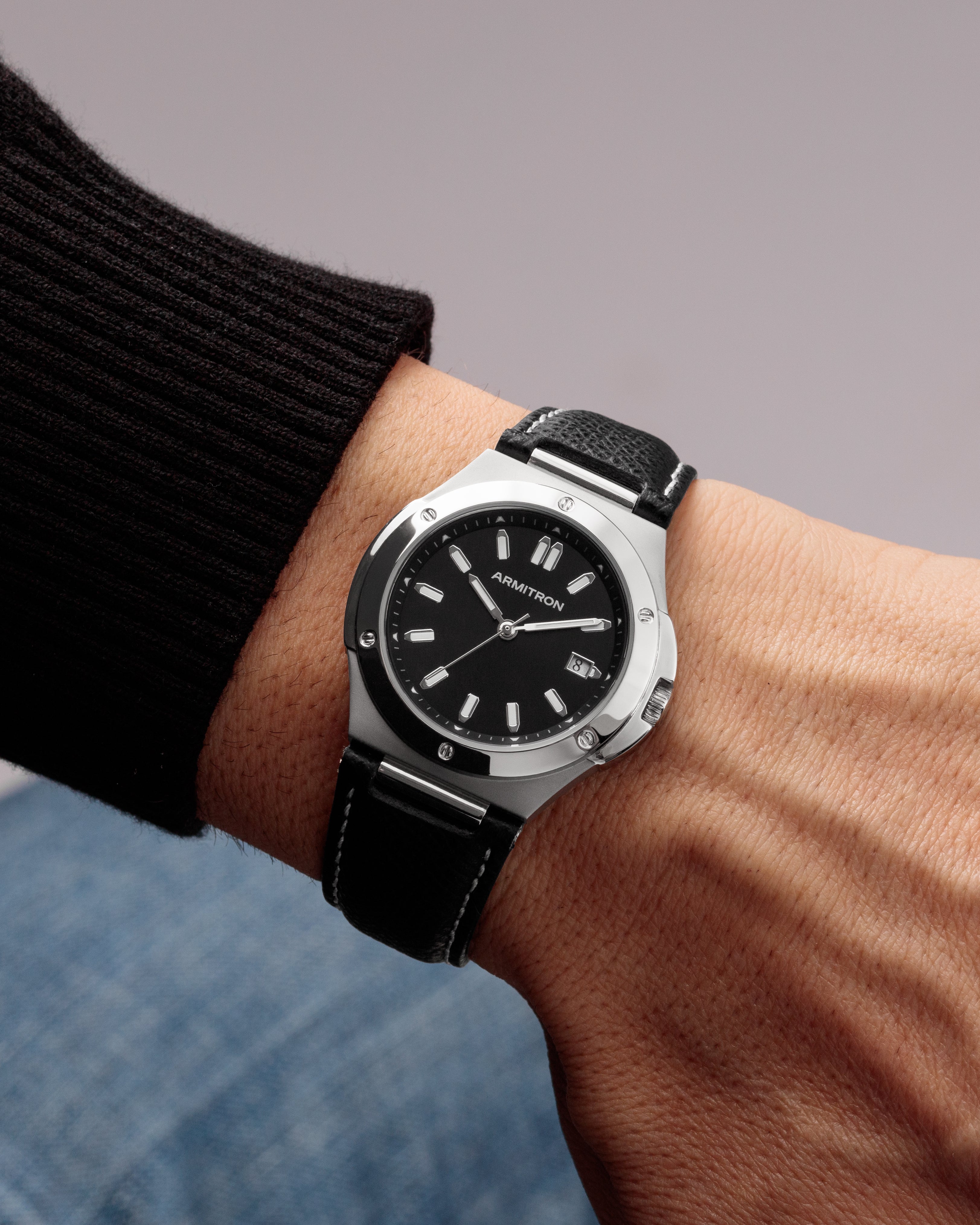 Armitron Parker 38mm herreklokke sølv/svart lær