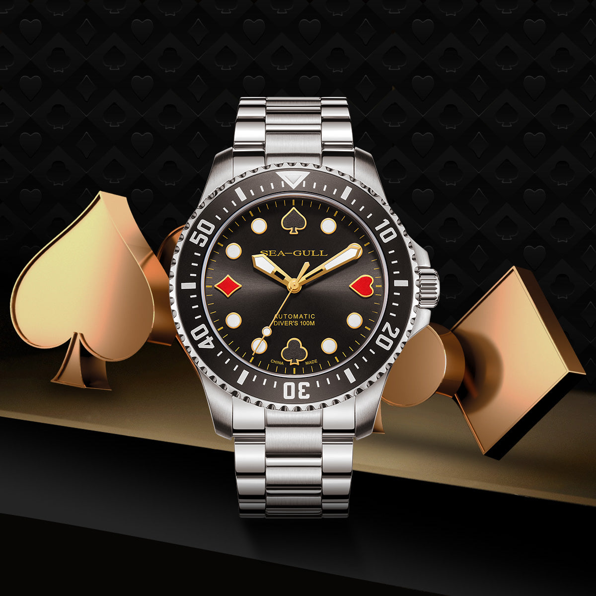 Sea-gull Ocean Poker Master 44,5mm dykkerklokke svart